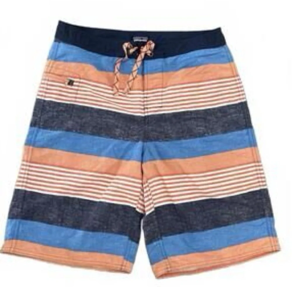 Patagonia Boys Size 8 Swim Trunks Board shorts Orange/ Blue Striped wavefarer